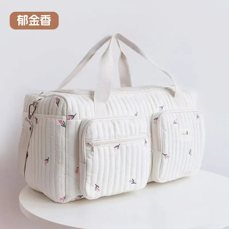 Baby Diaper Bag – Cotton Fabric, Cute Bear Flower Embroidery, Zipper Mommy Handbag