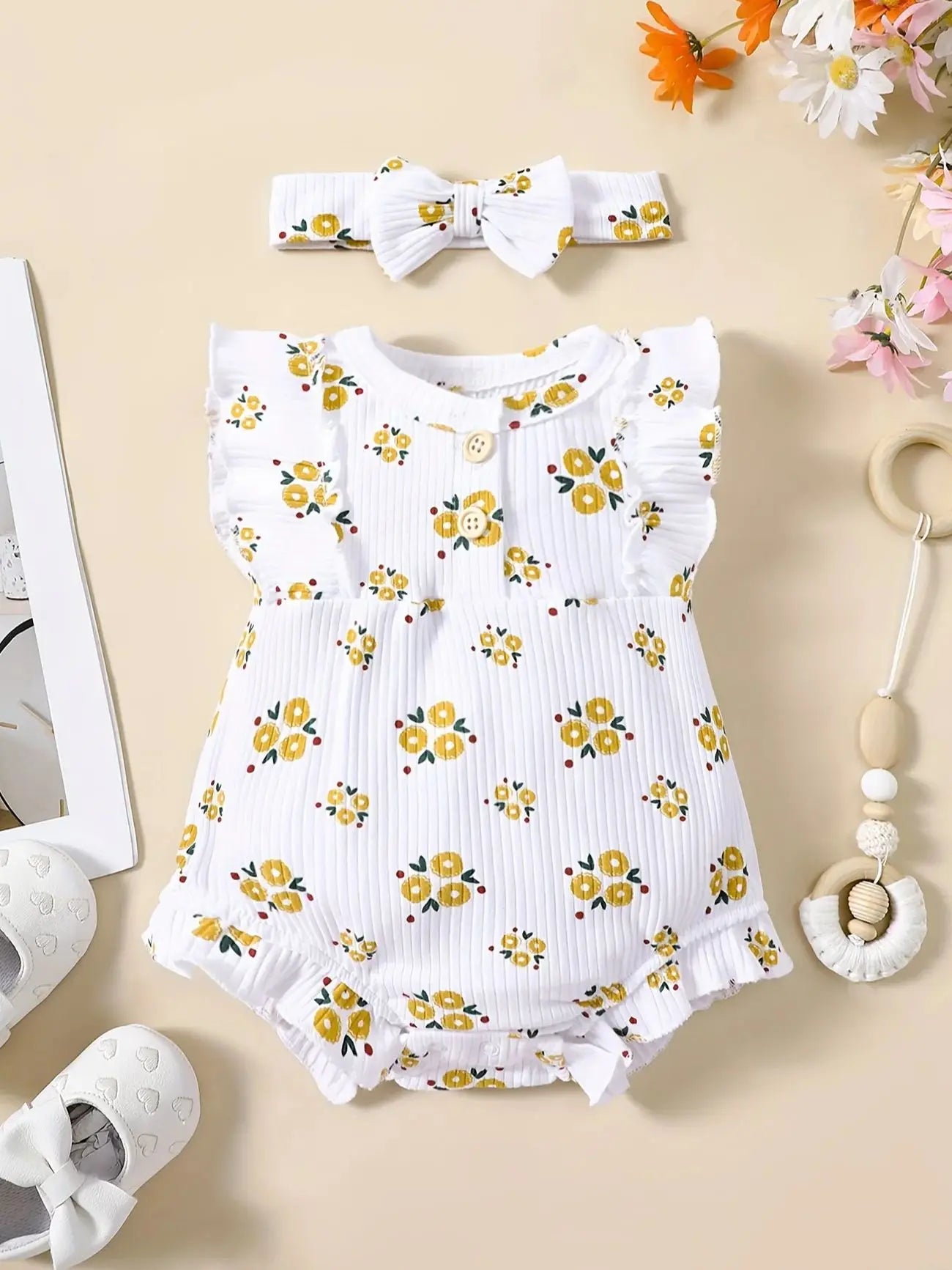 2PCS Baby Girl Jumpsuit with Round Neck Butterfly Sleeve Design