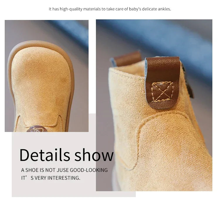 Kids Autumn/Winter Suede Boots – Plush Anti-Slip Ankle Shoes