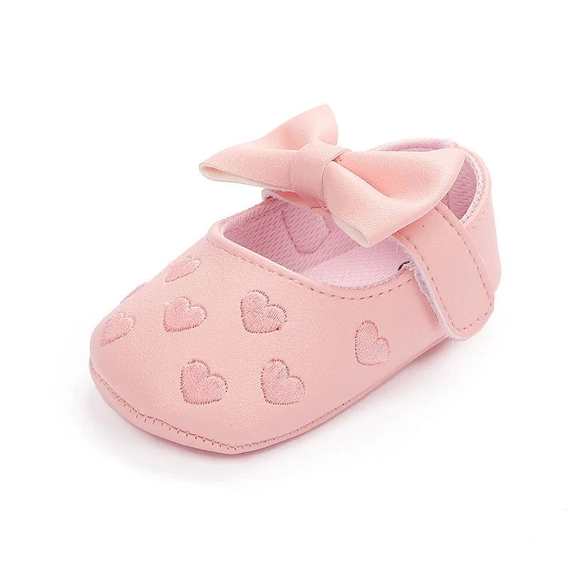 Baby Girls First-Step Shoes (0–18M) – Soft Sole Dress Shoes with Bow & Heart