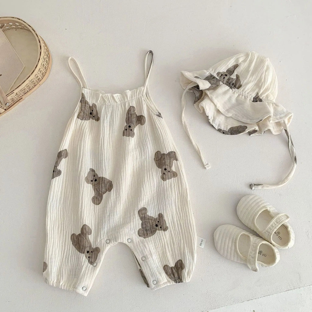 Cute Baby Bear Jumpsuit & Hat – Summer (0–18M)
