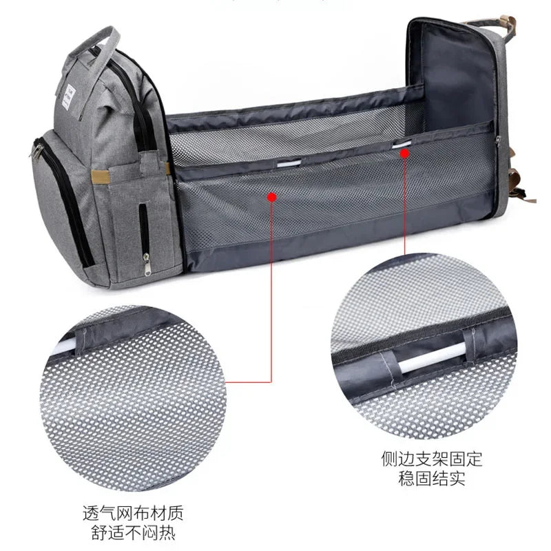 Mommy Diaper Bag – Baby Bed, Milk Bottle Storage & Changing Mat Backpack for Nursing Moms
