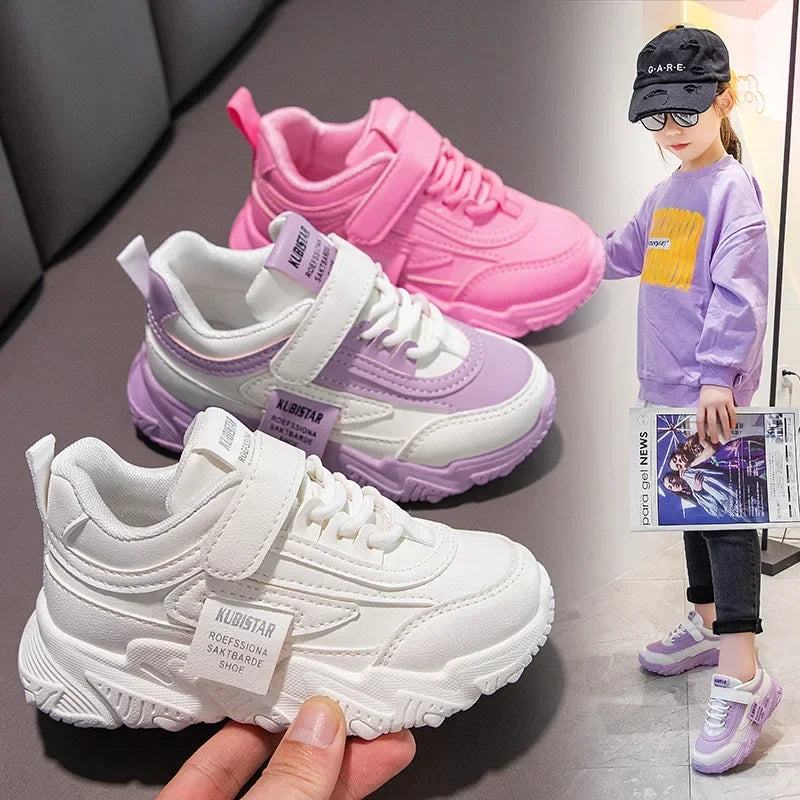 Spring New Kids Sneakers 2025 PU Girls Casual Mesh Solid Pink Light Boys White Hook & Loop Children Non-slip Sports Shoes