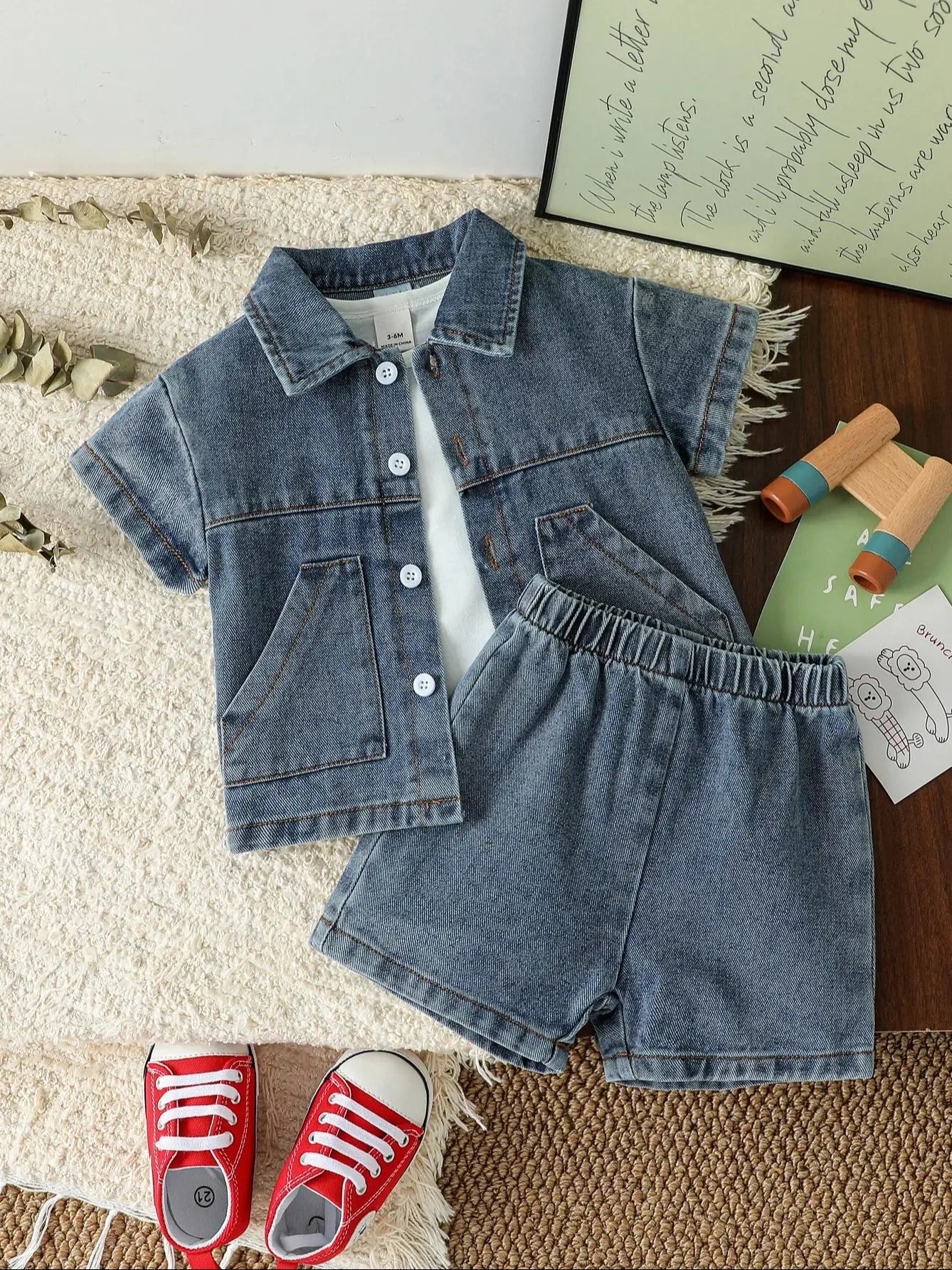 Baby Solid Denim Short Sleeve Set r