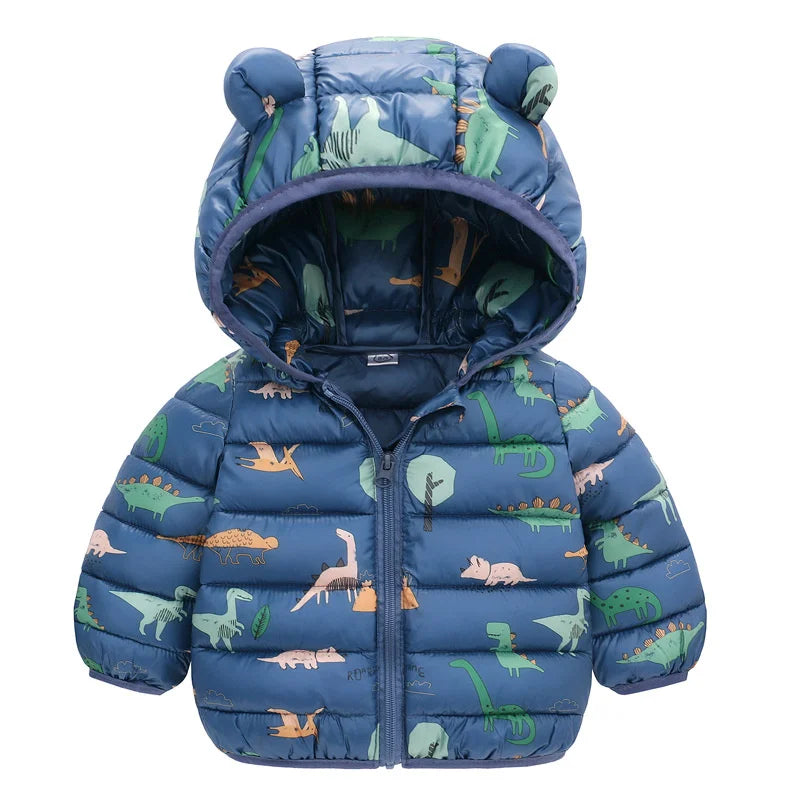Baby Boys Girls Down Coats Long Sleeve Cartoon Dinosaur Print Jackets 1-5Yrs