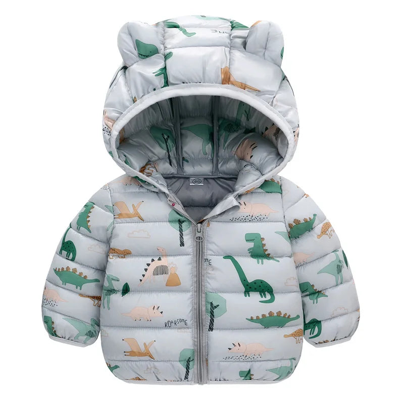 Baby Boys Girls Down Coats Long Sleeve Cartoon Dinosaur Print Jackets 1-5Yrs