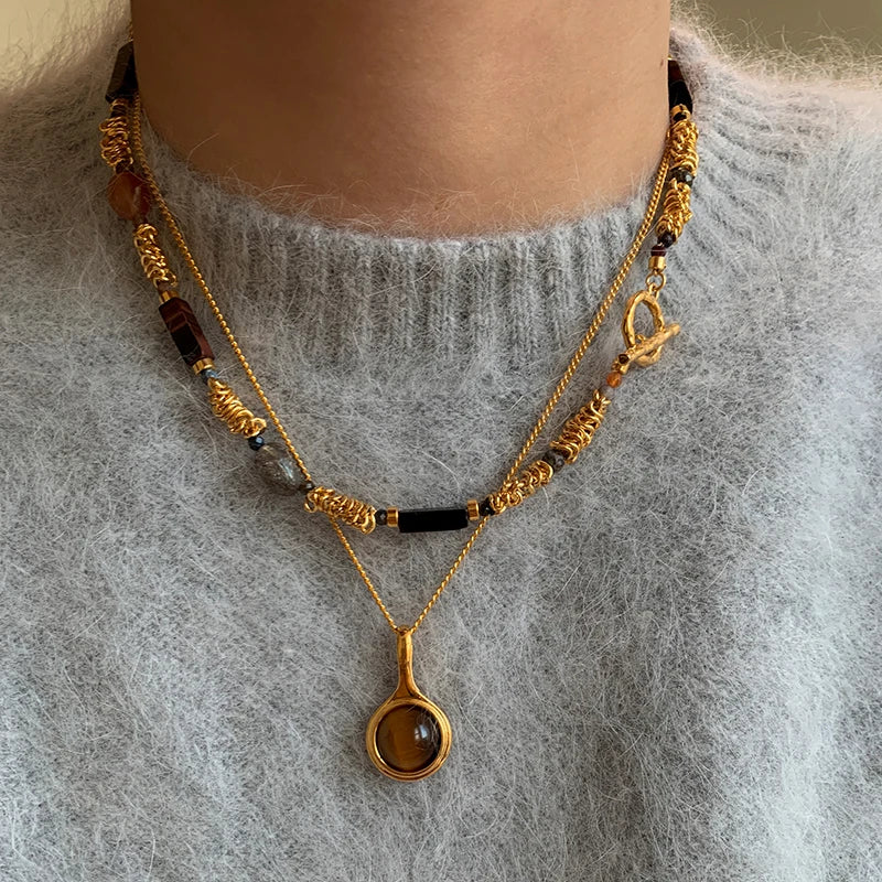 Natural Tiger Eye Stone Pendant Plated