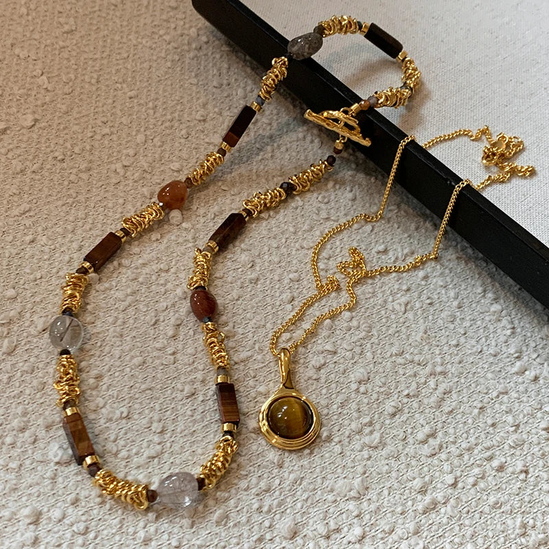 Natural Tiger Eye Stone Pendant Plated