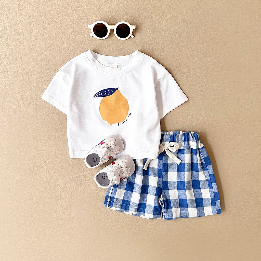 2PCS Baby Boys Girls Clothes Set T-shirt & Checkered Shorts 0-3Y