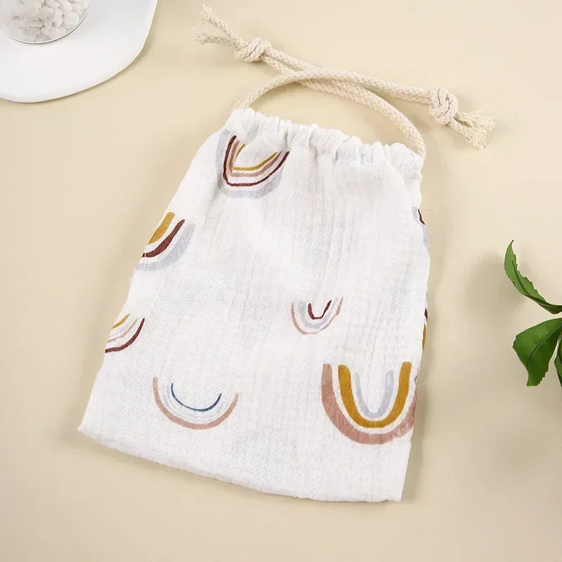 Natural Cotton Mommy Bag – Outdoor Baby Diaper Carrier, Cute Printed Drawstring Pouch 27x25cm