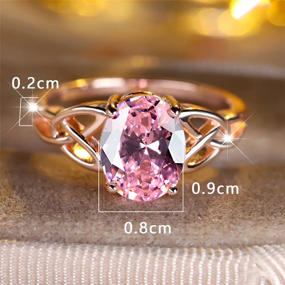 Elegant Pink Crystal Big Oval Stone Rings For Women Vintage Hollow Rose Gold Color Wedding Band Bridal Jewelry Engagement Gifts