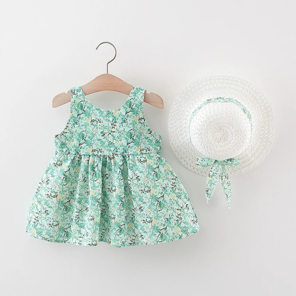 Baby Girl Summer Outfit, Bow Strap Dress & Hat