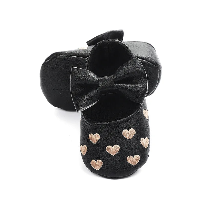 Baby Girls First-Step Shoes (0–18M) – Soft Sole Dress Shoes with Bow & Heart