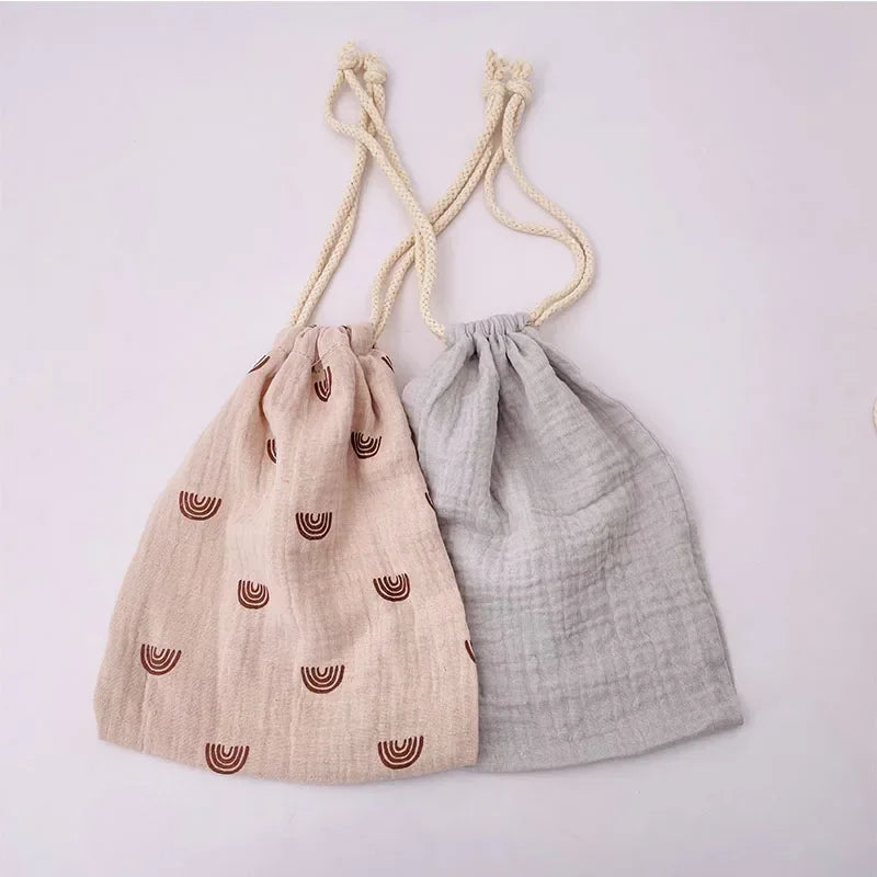 Natural Cotton Mommy Bag – Outdoor Baby Diaper Carrier, Cute Printed Drawstring Pouch 27x25cm