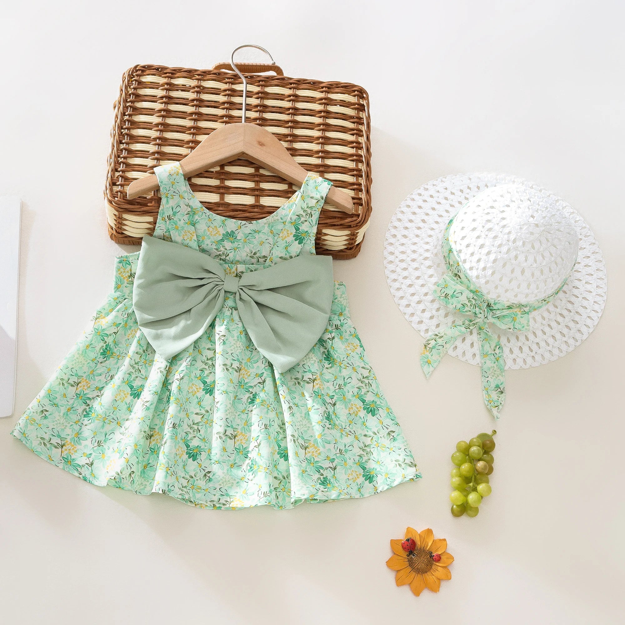 Baby Girl Summer Outfit, Bow Strap Dress & Hat