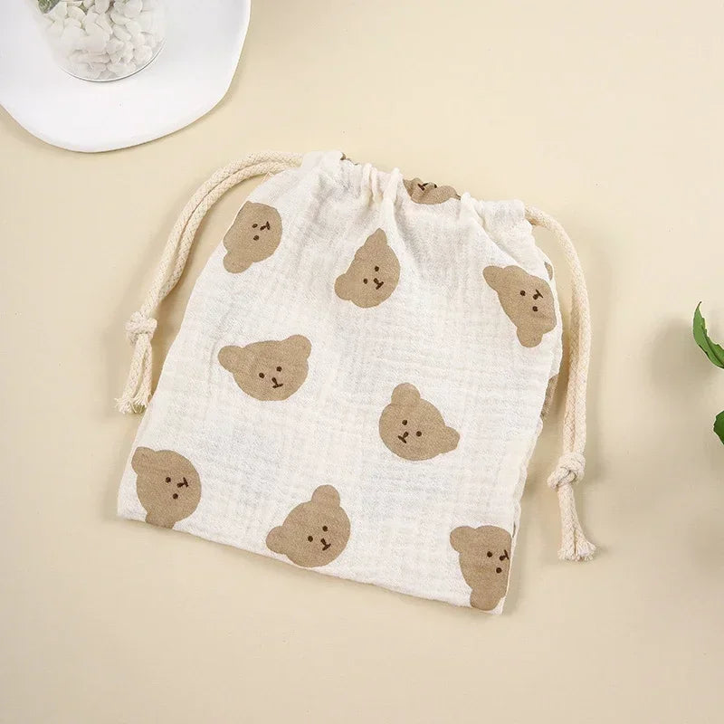 Natural Cotton Mommy Bag – Outdoor Baby Diaper Carrier, Cute Printed Drawstring Pouch 27x25cm