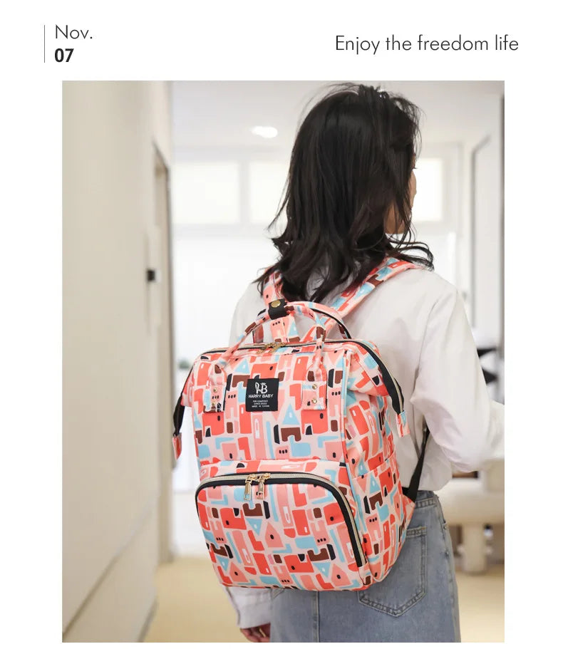 Fashion Print Nappy Backpack – Multi-Functional Large Capacity Mommy Bag for Outdoor Travel & Baby Care