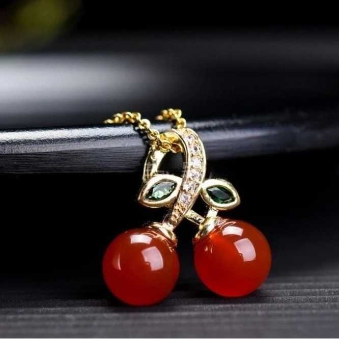 Natural Red Agate Cherry Pendant
