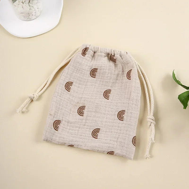Natural Cotton Mommy Bag – Outdoor Baby Diaper Carrier, Cute Printed Drawstring Pouch 27x25cm