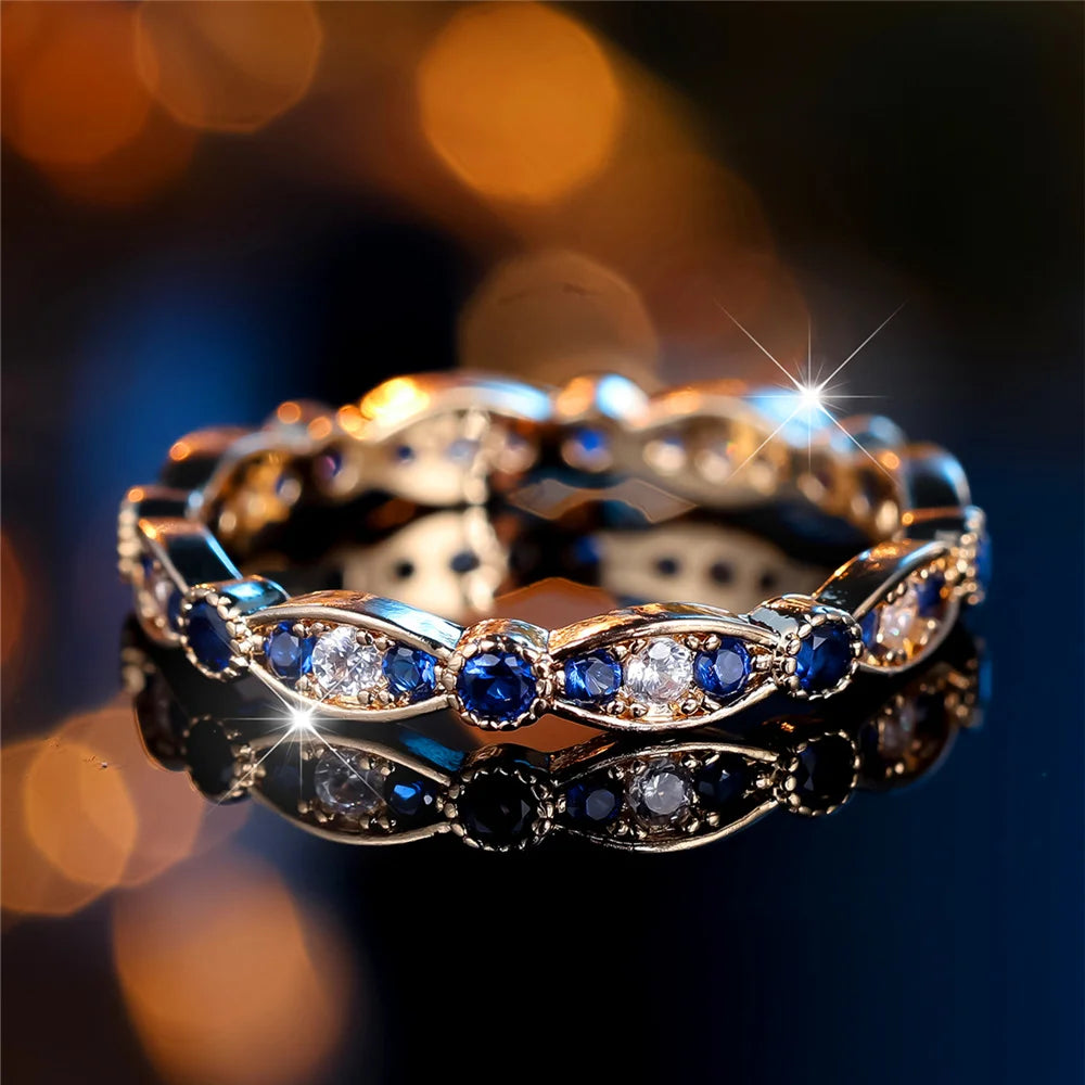 Cute Female White Blue Zircon Stone Round Ring Vintage Gold Color Wedding Jewelry For Women