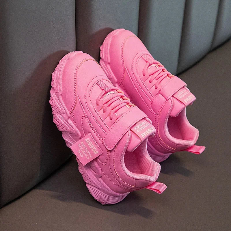 Spring New Kids Sneakers 2025 PU Girls Casual Mesh Solid Pink Light Boys White Hook & Loop Children Non-slip Sports Shoes