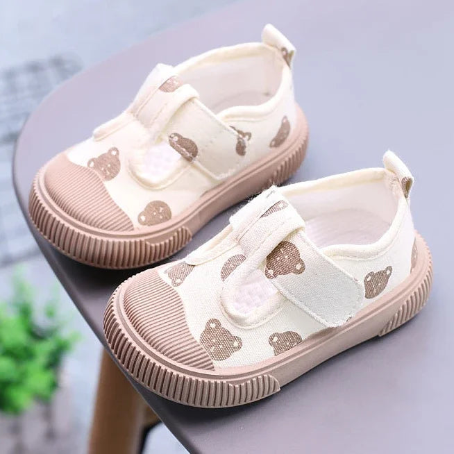 Kids’ Canvas Sneakers – Korean Cartoon Bear First Walkers