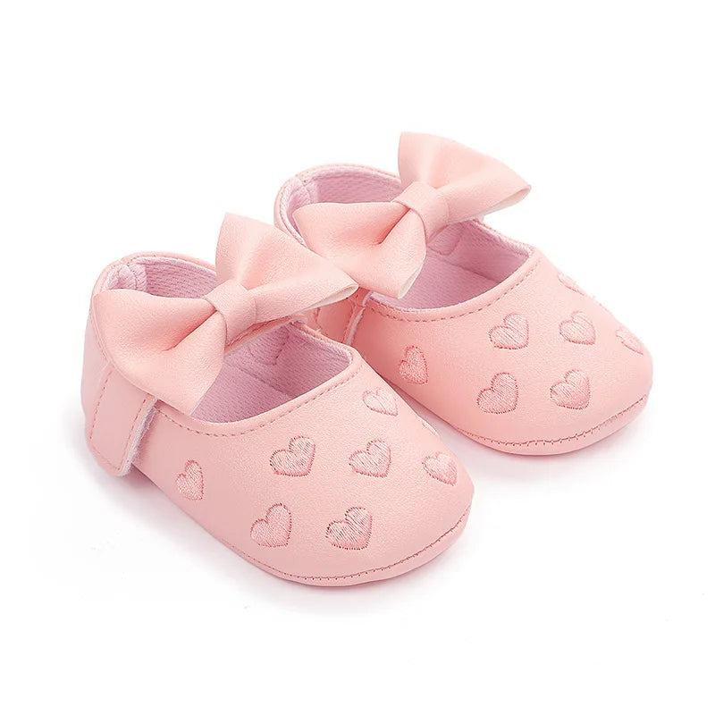 Baby Girls First-Step Shoes (0–18M) – Soft Sole Dress Shoes with Bow & Heart