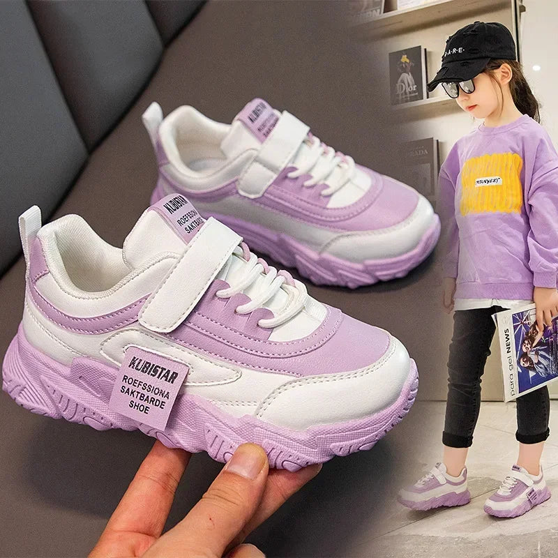 Spring New Kids Sneakers 2025 PU Girls Casual Mesh Solid Pink Light Boys White Hook & Loop Children Non-slip Sports Shoes