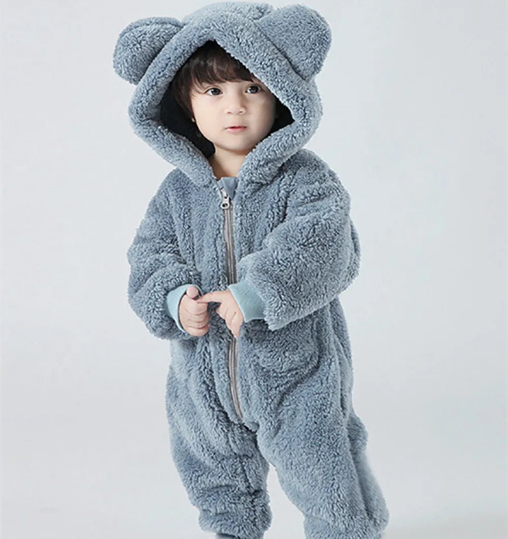 Infant Baby Romper, Warm Fleece Hooded Jumpsuit