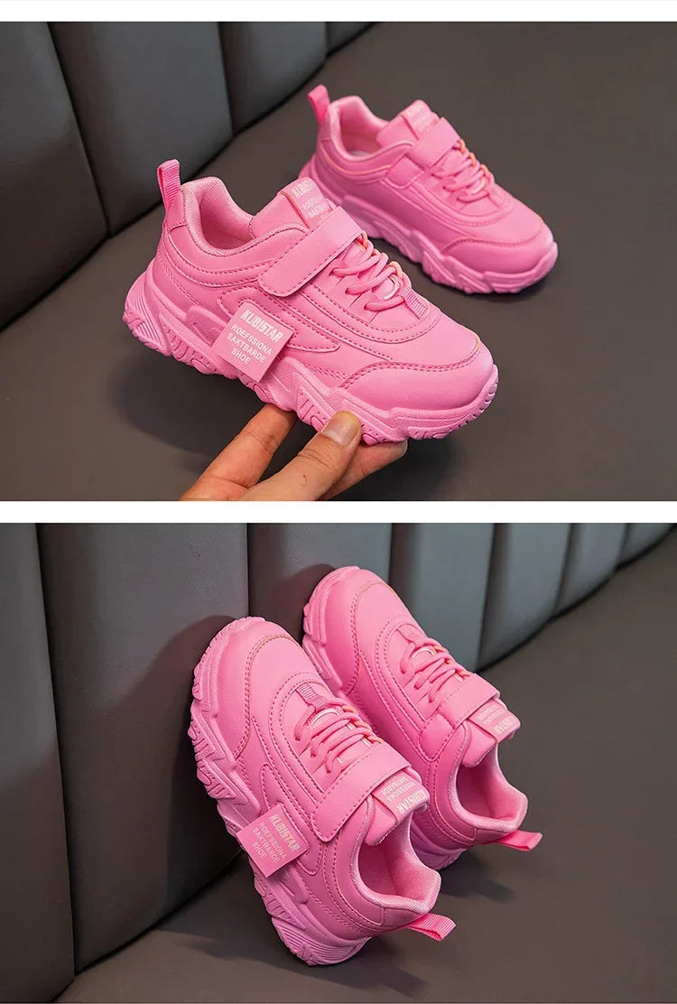 Spring New Kids Sneakers 2025 PU Girls Casual Mesh Solid Pink Light Boys White Hook & Loop Children Non-slip Sports Shoes