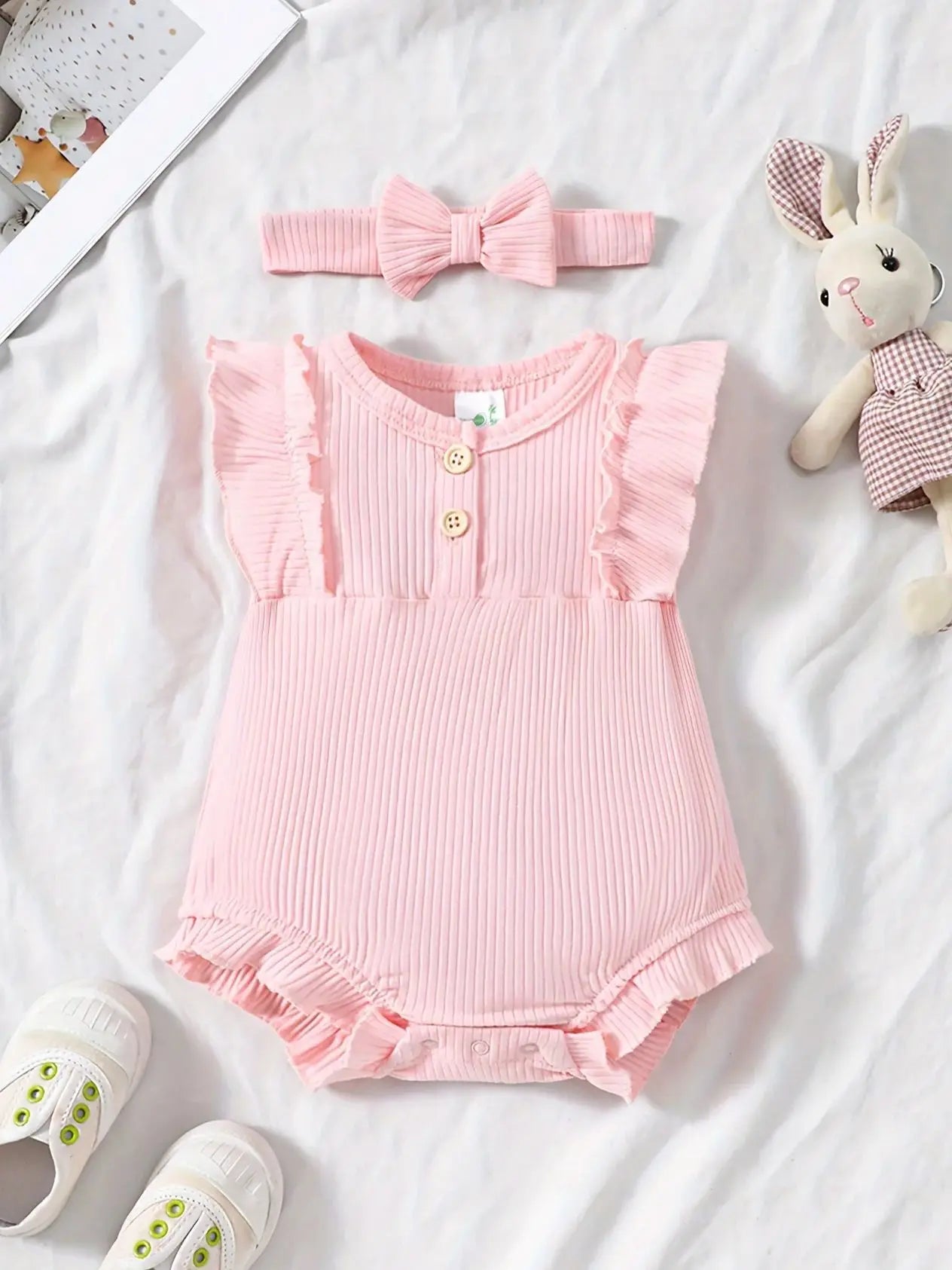 2PCS Baby Girl Jumpsuit with Round Neck Butterfly Sleeve Design
