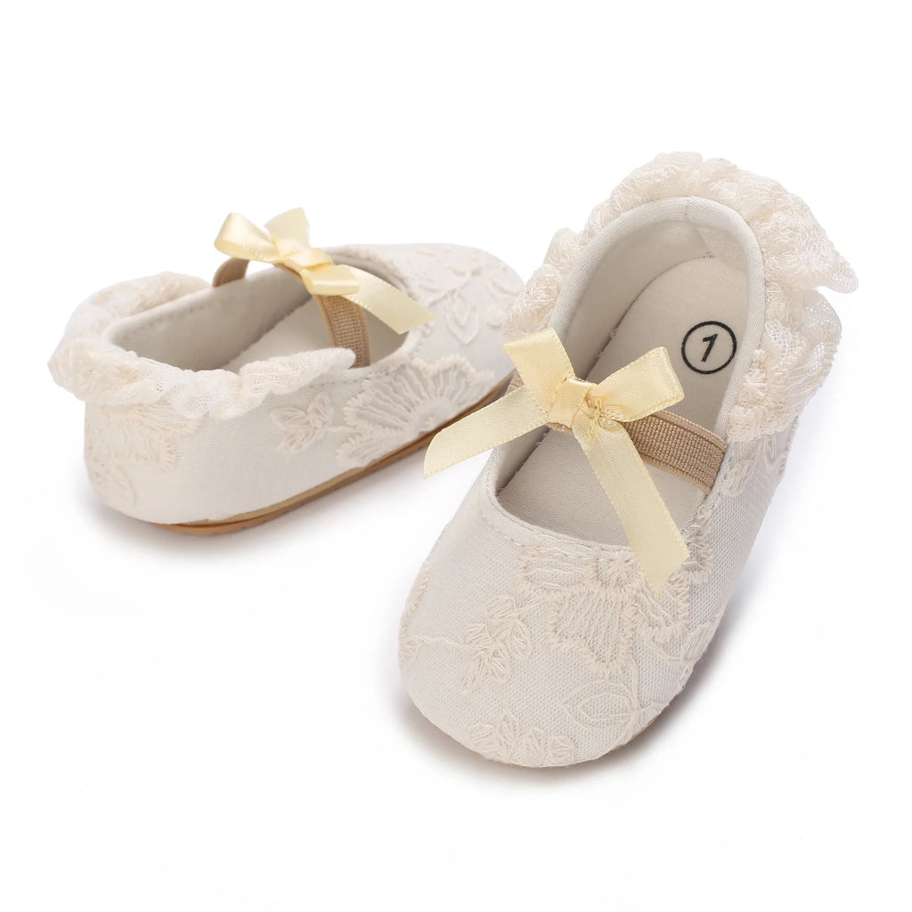 Baby Girl White Lace Moccasins – Non-Slip Princess Bow Shoes