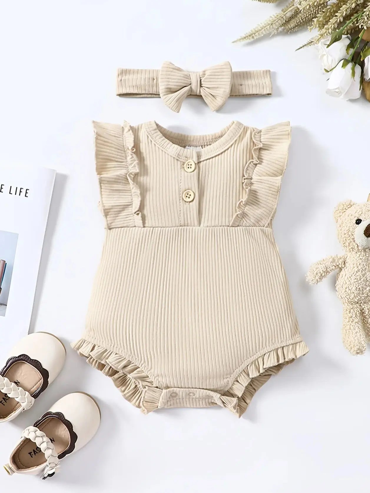2PCS Baby Girl Jumpsuit with Round Neck Butterfly Sleeve Design