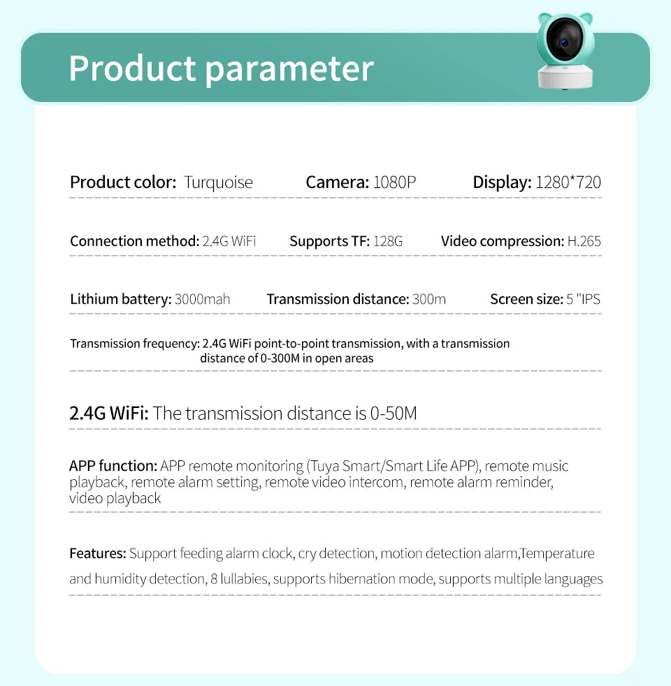 Tuya Baby Camera – 5" HD, Mobile App Control