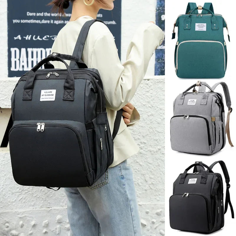 Mommy Diaper Bag – Baby Bed, Milk Bottle Storage & Changing Mat Backpack for Nursing Moms