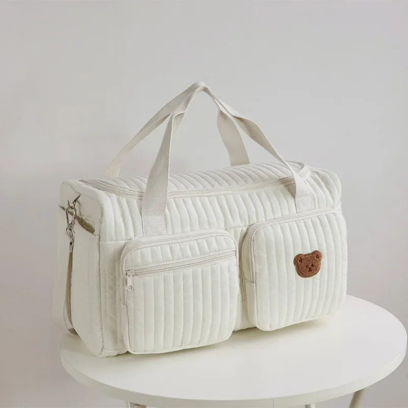 Baby Diaper Bag – Cotton Fabric, Cute Bear Flower Embroidery, Zipper Mommy Handbag