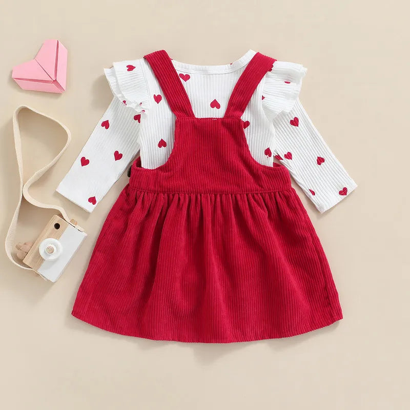 0–18M Baby Girl Skirt Set, Heart Print Bodysuit & Suspender Skirt