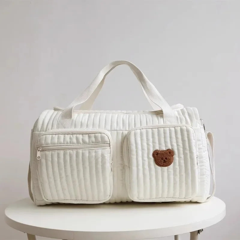 Baby Diaper Bag – Cotton Fabric, Cute Bear Flower Embroidery, Zipper Mommy Handbag