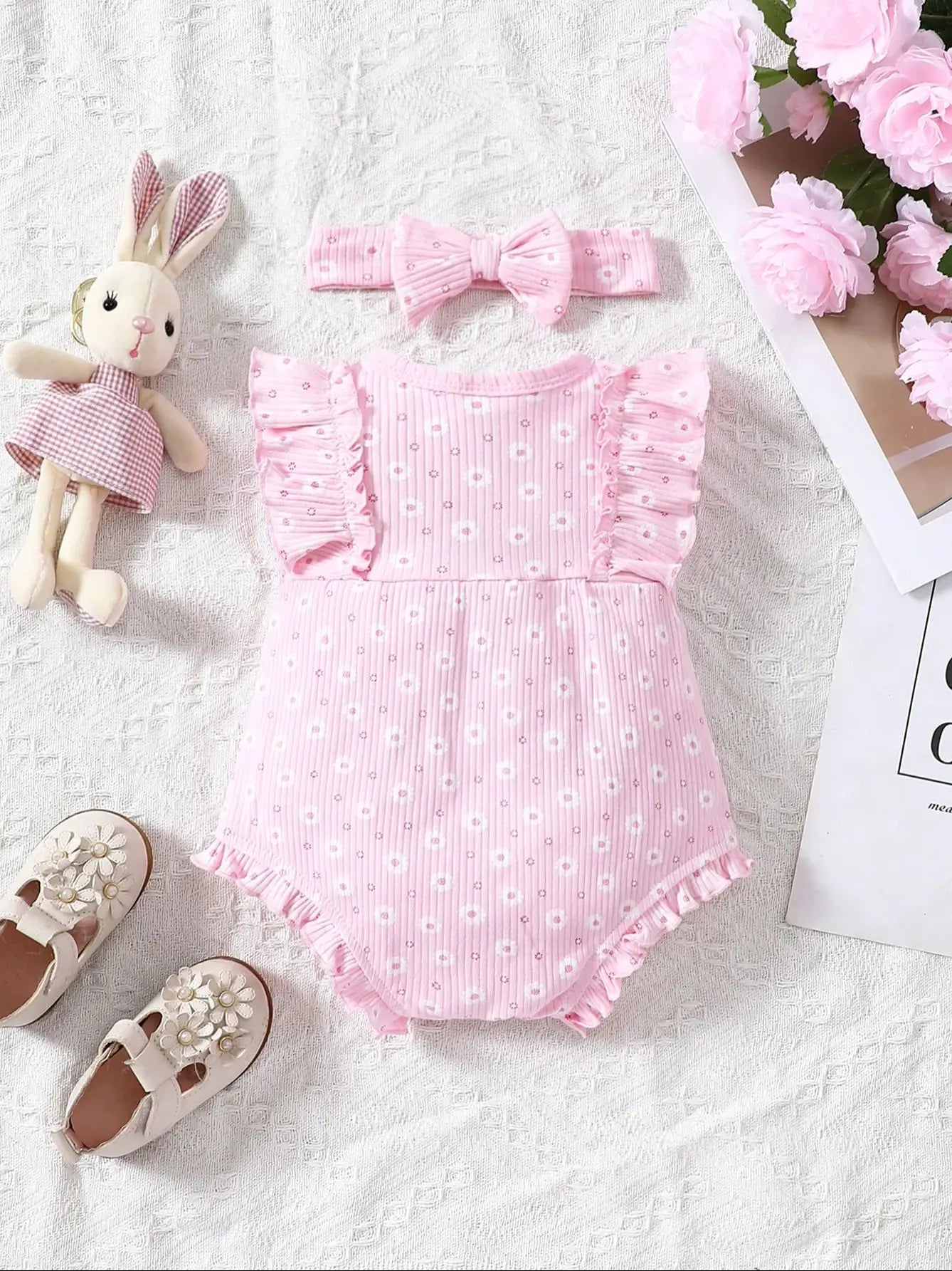 2PCS Baby Girl Jumpsuit with Round Neck Butterfly Sleeve Design