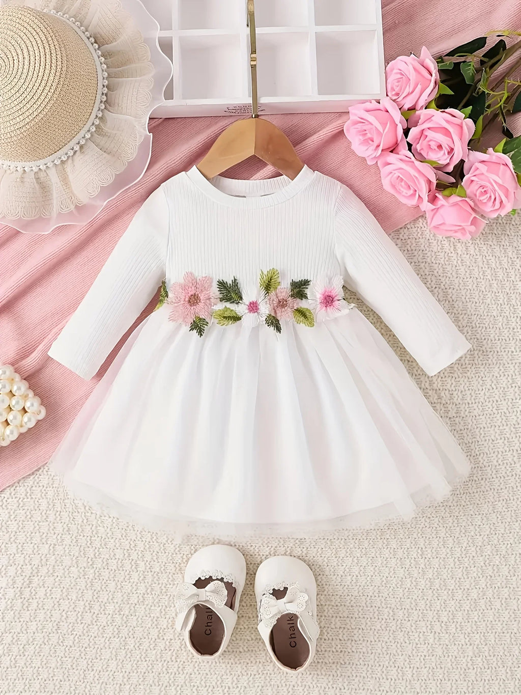 Long Sleeve Baby Girl Dress, Mesh Floral Princess Outfit