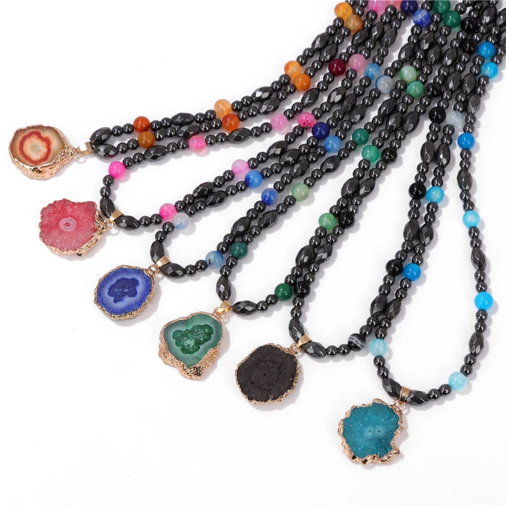 Bohemian Green Agates Slice Pendent Necklace