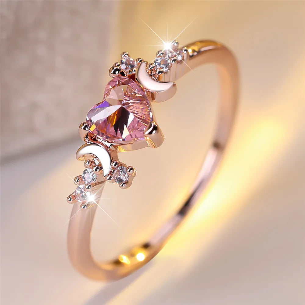 Female Cute Small Moon Ring Elegant Pink Crystal Heart Stone Rings For Women Vintage Rose Gold Color Wedding Band Bridal Jewelry