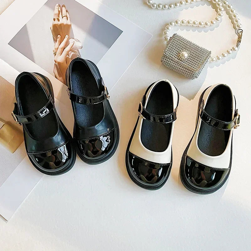 Girls’ Black Leather Casual Shoes – Princess Toddler Flats