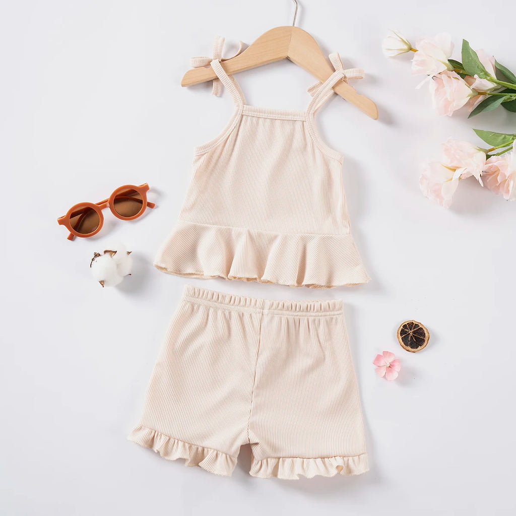 2pcs Camisole Bow Tops & Casual Shorts Set Cute Small Fresh Style Daily
