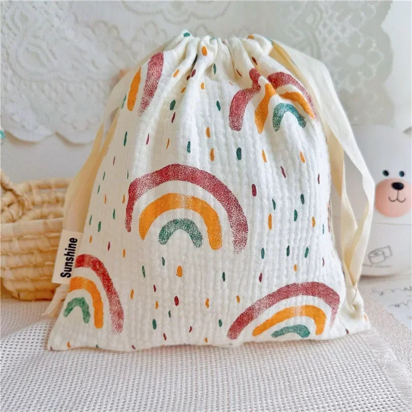 Natural Cotton Mommy Bag – Outdoor Baby Diaper Carrier, Cute Printed Drawstring Pouch 27x25cm