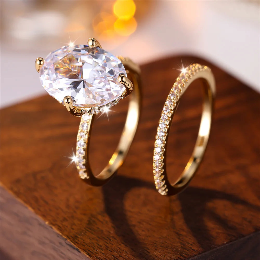 Crystal Female White Green Zircon Oval Stone Ring Set Fashion Vintage Gold Color Bridal Wedding Engagement Jewelry For Women