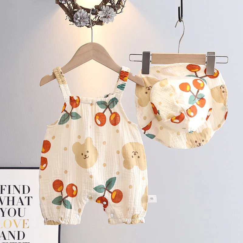 Summer Baby Girls Romper with Hat Cartoon Cherry Bear Jumpsuit