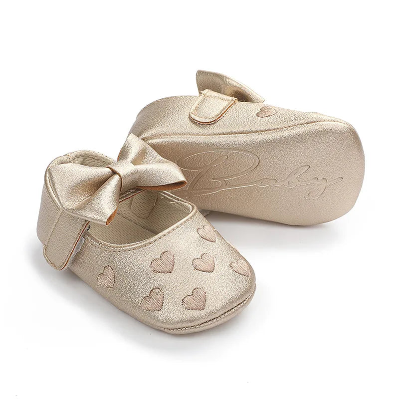 Baby Girls First-Step Shoes (0–18M) – Soft Sole Dress Shoes with Bow & Heart