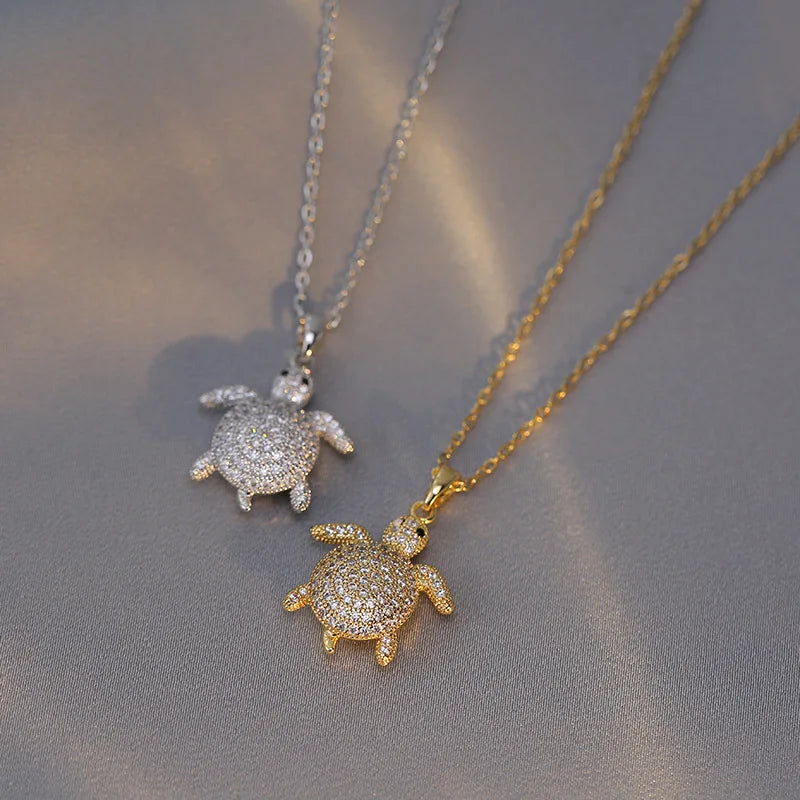 Crystal Stone Turtle Silver Necklace