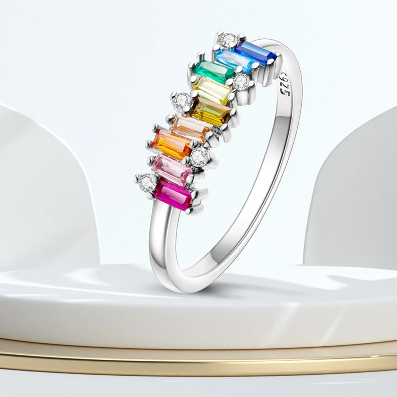 Original 925 Sterling Silver Rings Sparkling Rainbow Candy Zircon Rings For Women Girls Jewelry Birthday Anniversary Gifts